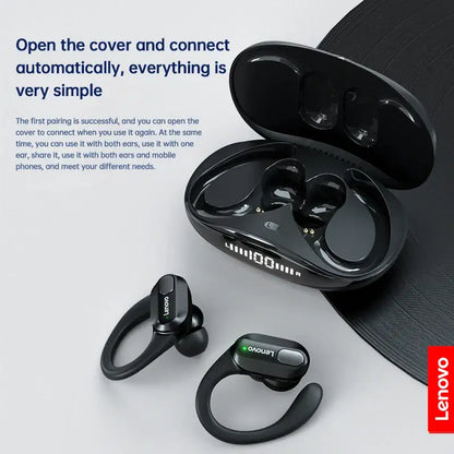 Lenovo XT80 Sports Wireless Earphones in charging case, showcasing automatic connection feature and design.