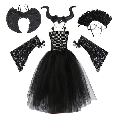 2024 New Maleficent Halloween Costume Maleficent Tulle Dress for Girls Cosplay Evil Queen Black Mesh Princess Dress Kids