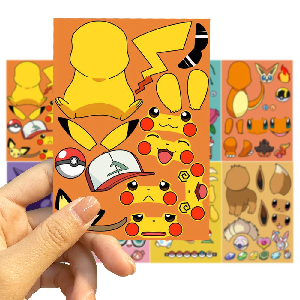 8/16sheets Pokemon Anime Pikachu Gengar Puzzle Stickers Make A Face Children Cartoon