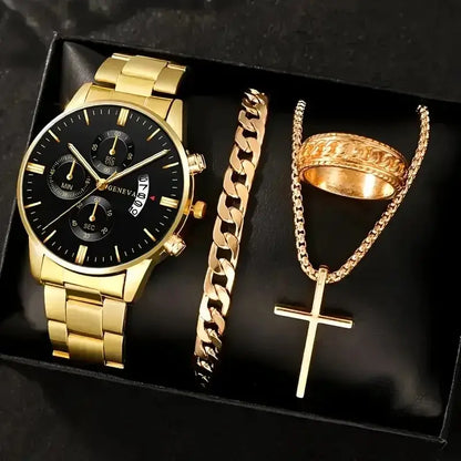 Luxury men's quartz watch with gold bracelet, ring, and necklace in a stylish black display box.