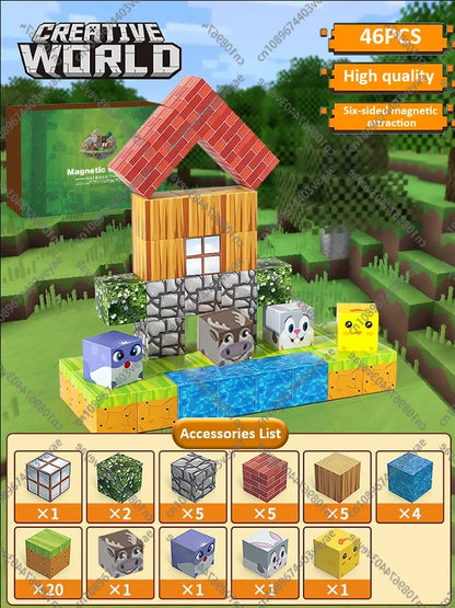 Magnetic Building Blocks Mine World Magnet Cube Set for Boy Girl Kid Age 3+ DIY Model