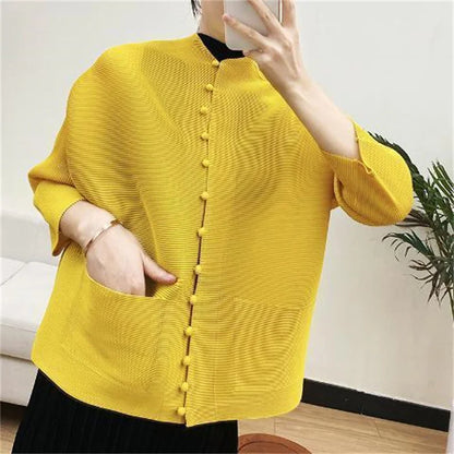 Woman Clothing T-shirt Bat Sleeves Loose and Pleated Small Jacket Women's Single-breasted Pocket Design Pleated Semi-Turtleneck