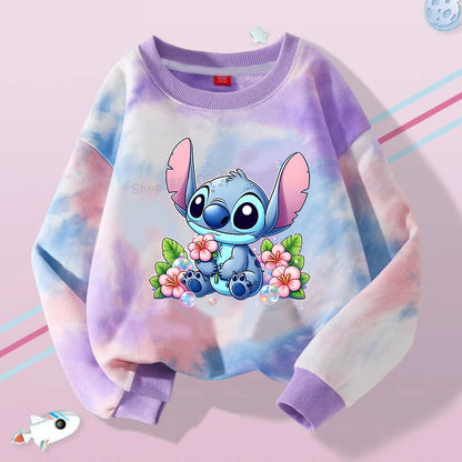 Lilo Stitch Tie-dyed Sweatshirt for Girl Purple Pullover Crew Neck Child Sportwear Long Sleeve