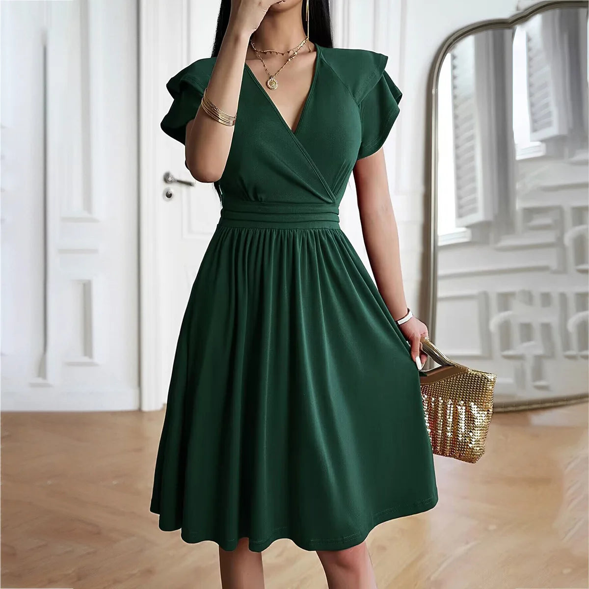 Women Elegant V-Neck Petal Sleeve Dress