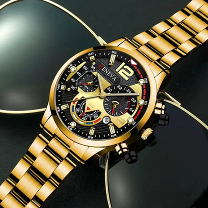 Luxury gold men's quartz watch with black dial and chronograph features, paired with stylish sunglasses.