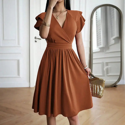Women Elegant V-Neck Petal Sleeve Dress