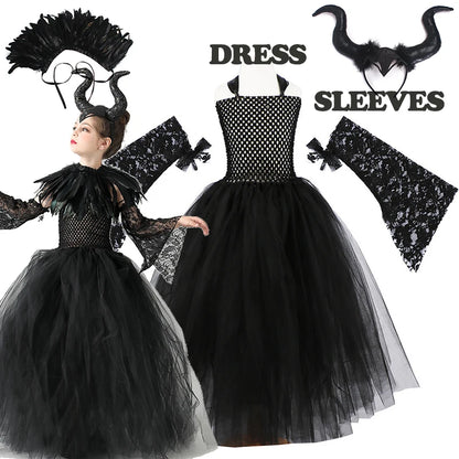 2024 New Maleficent Halloween Costume Maleficent Tulle Dress for Girls Cosplay Evil Queen Black Mesh Princess Dress Kids