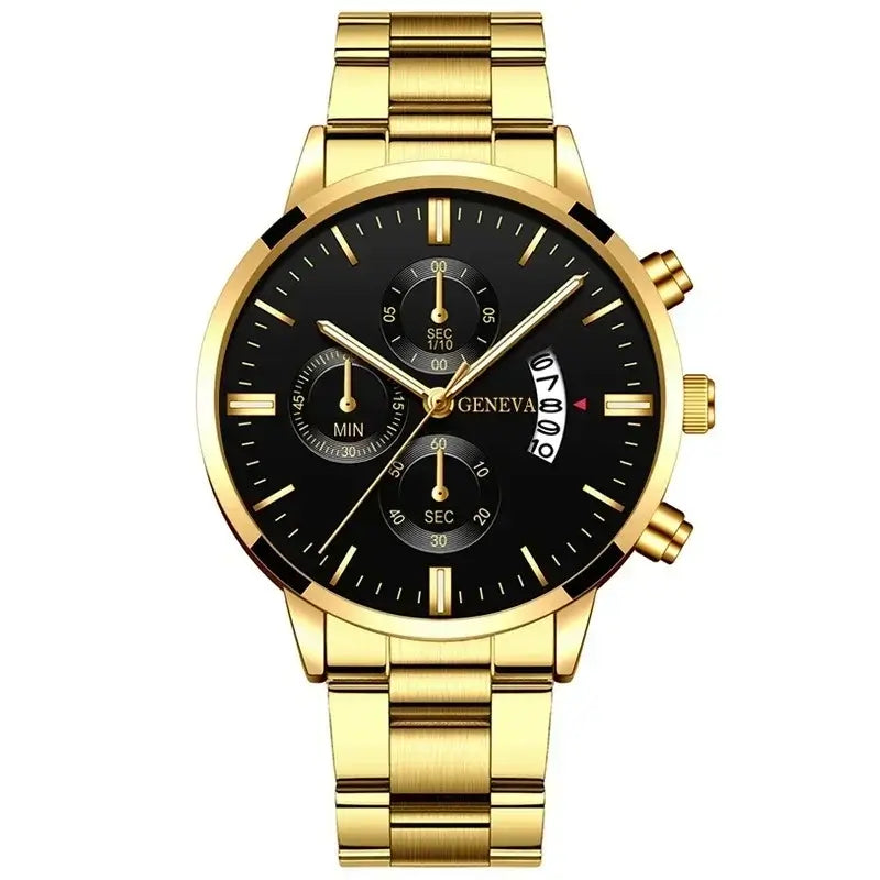 Luxury gold men's wristwatch with black dial and chronograph features, stylish analog design.