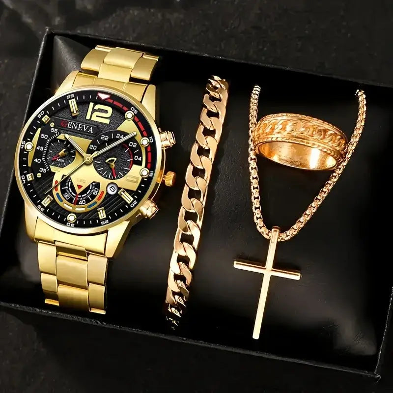 Luxury gold men's wristwatch with black dial and chronograph features, stylish analog design.