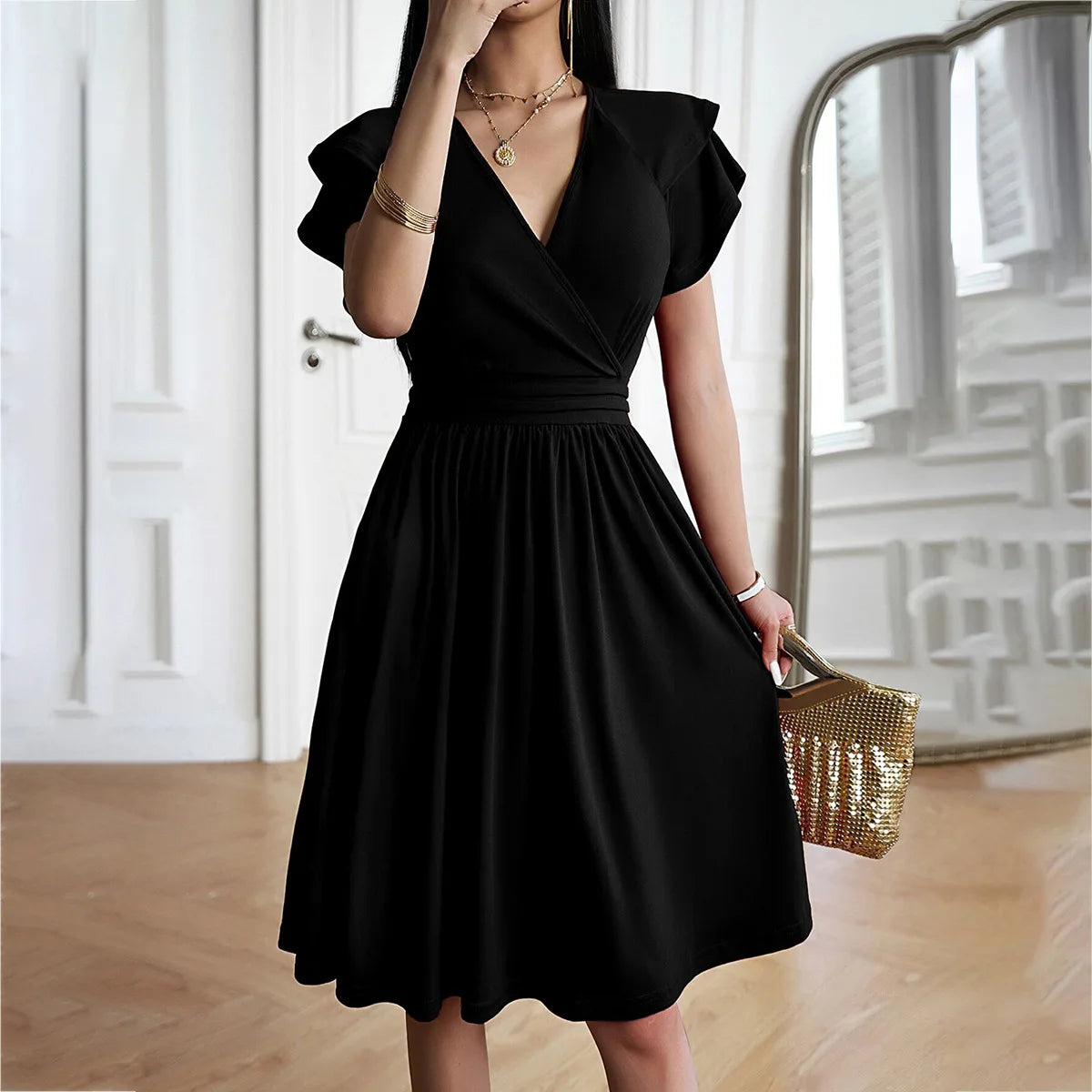 Women Elegant V-Neck Petal Sleeve Dress