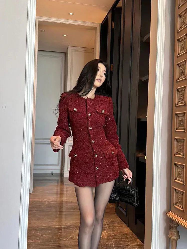 New 2025 Autumn Winter French Fashion High-end Retro Burgundy Dress Women's Long-sleeved