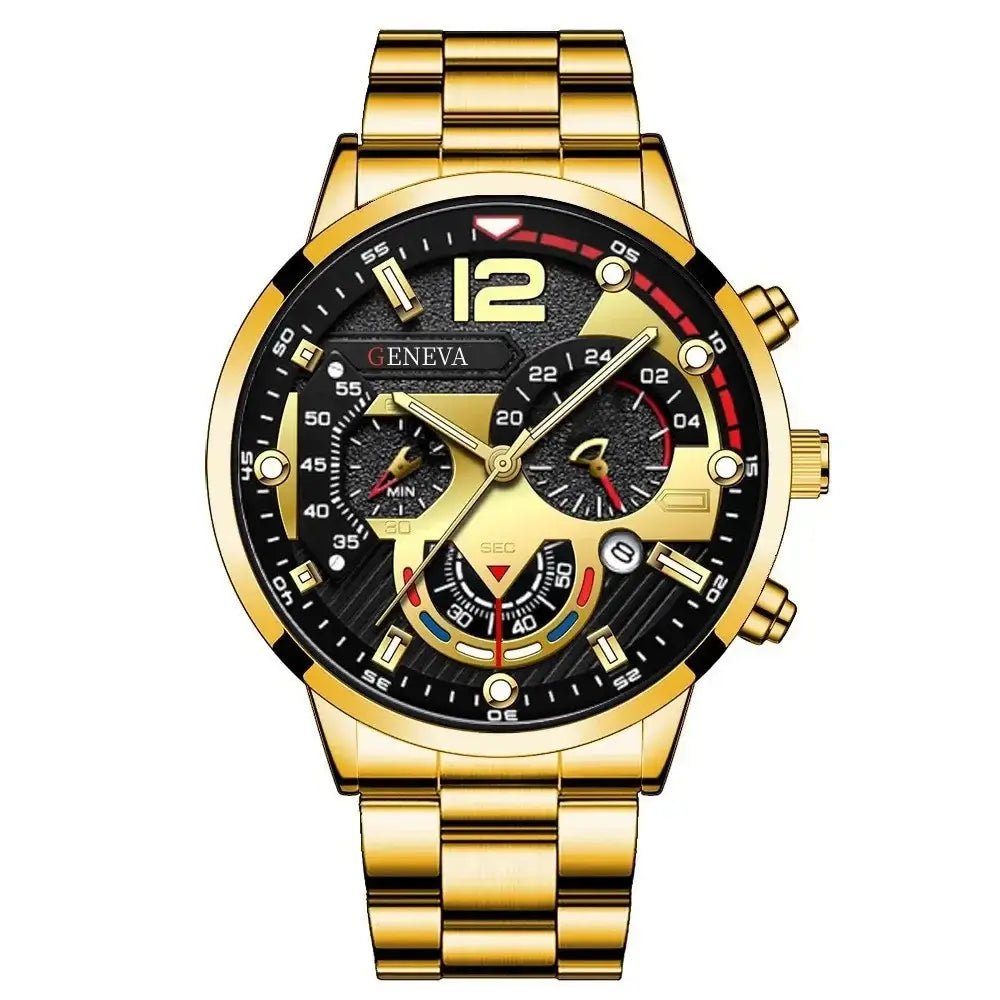 Luxury gold men's wristwatch with black dial and chronograph features, stylish analog design.