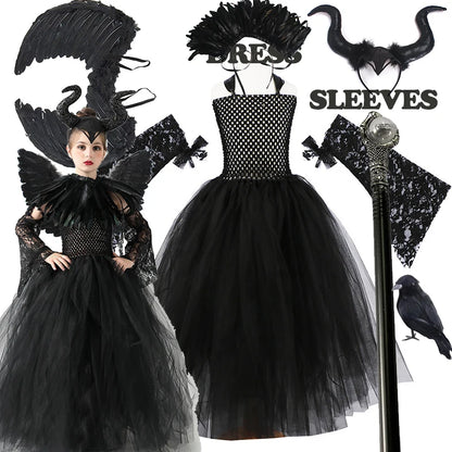 2024 New Maleficent Halloween Costume Maleficent Tulle Dress for Girls Cosplay Evil Queen Black Mesh Princess Dress Kids