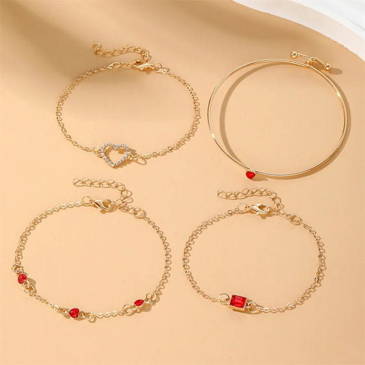 EN Fashion Red Shiny Charm Geometric Crystal Bracelet For Women Elegant Hollow Heart
