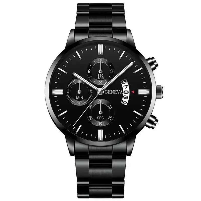 Luxury gold men's wristwatch with black dial and chronograph features, stylish analog design.