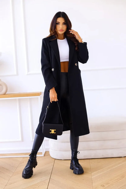 Women's Clothing  Autumn and Winter Simple Double-breasted Long-sleeved Lapel Button Woolen Jacket
