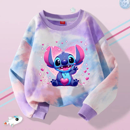 Lilo Stitch Tie-dyed Sweatshirt for Girl Purple Pullover Crew Neck Child Sportwear Long Sleeve Cute Cartoon Kids Autumn Clothes