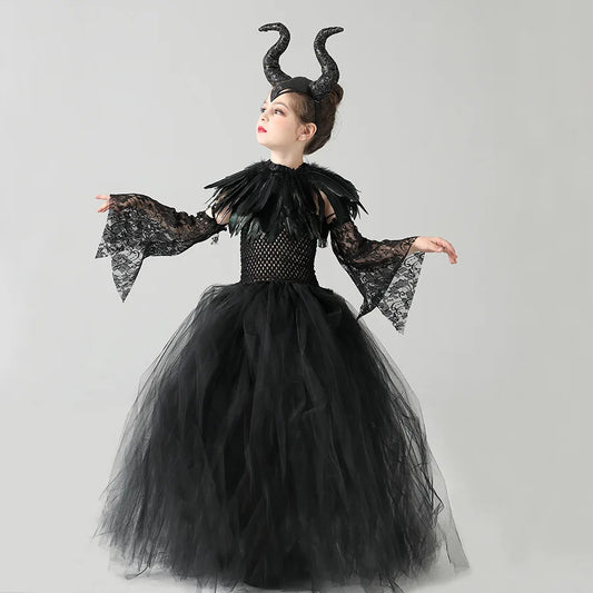 2024 New Maleficent Halloween Costume Maleficent Tulle Dress for Girls Cosplay Evil Queen Black Mesh Princess Dress Kids