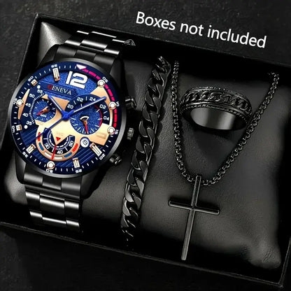 Luxury gold men's wristwatch with black dial and chronograph features, stylish analog design.