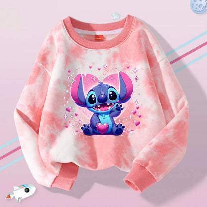Lilo Stitch Tie-dyed Sweatshirt for Girl Purple Pullover Crew Neck Child Sportwear Long Sleeve Cute Cartoon Kids Autumn Clothes