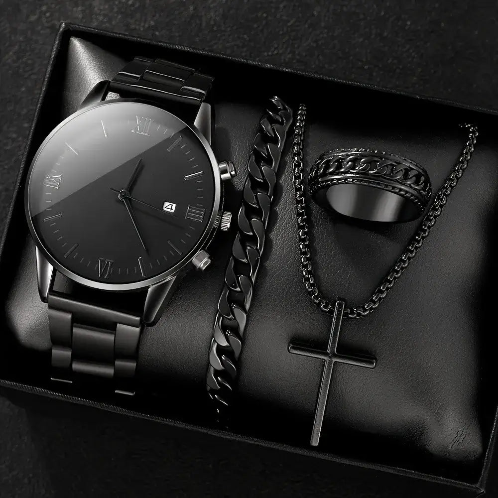Luxury gold men's wristwatch with black dial and chronograph features, stylish analog design.