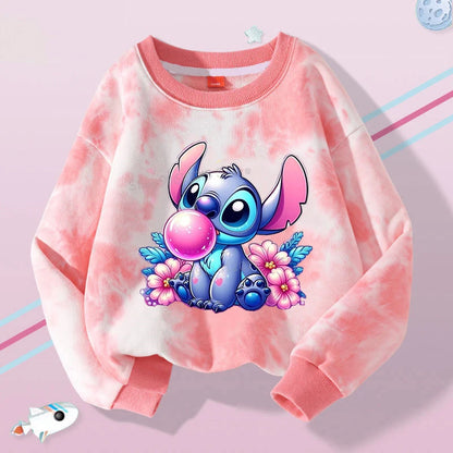 Lilo Stitch Tie-dyed Sweatshirt for Girl Purple Pullover Crew Neck Child Sportwear Long Sleeve