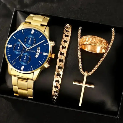 Luxury gold men's wristwatch with black dial and chronograph features, stylish analog design.