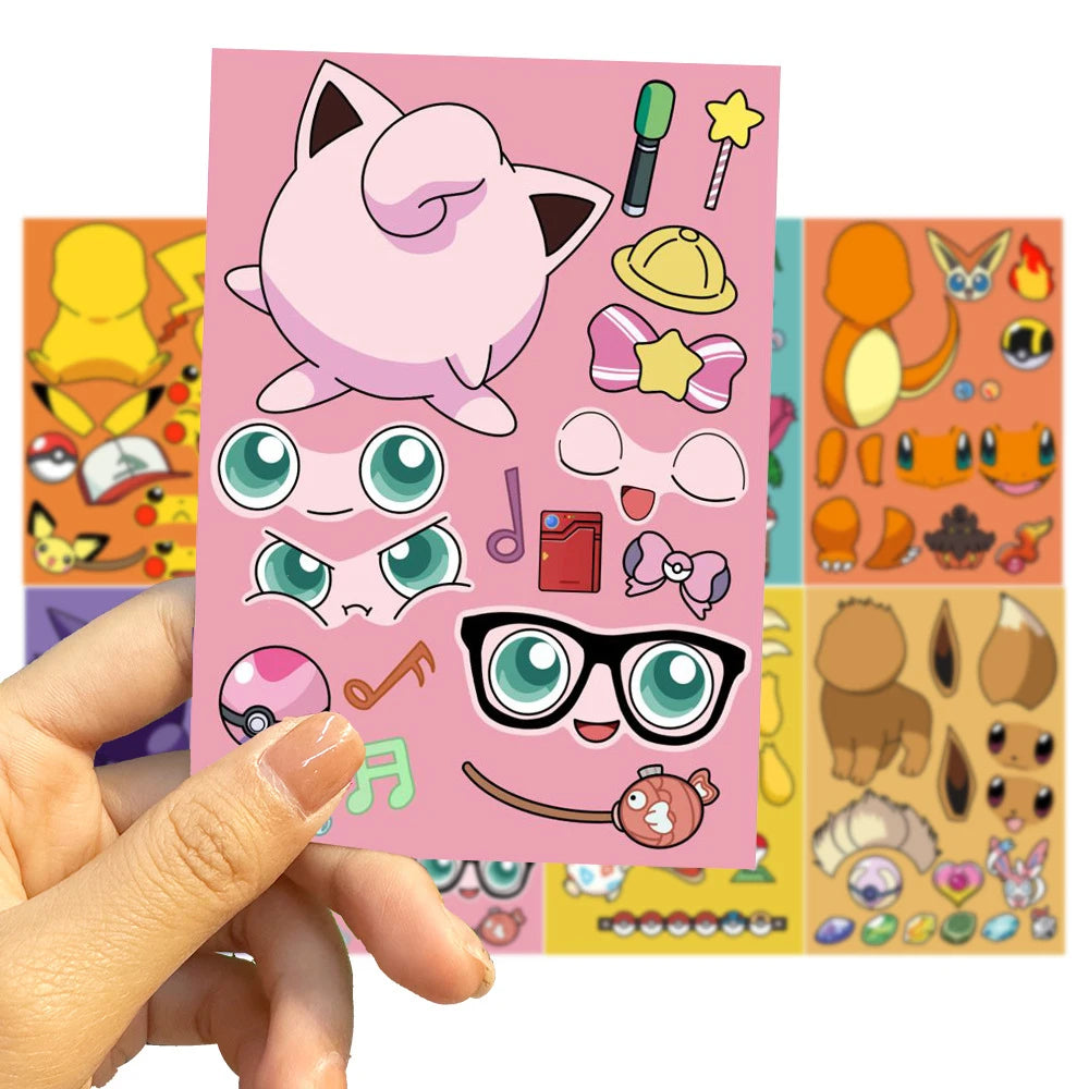8/16sheets Pokemon Anime Pikachu Gengar Puzzle Stickers Make A Face Children Cartoon