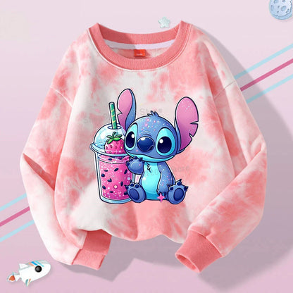 Lilo Stitch Tie-dyed Sweatshirt for Girl Purple Pullover Crew Neck Child Sportwear Long Sleeve Cute Cartoon Kids Autumn Clothes
