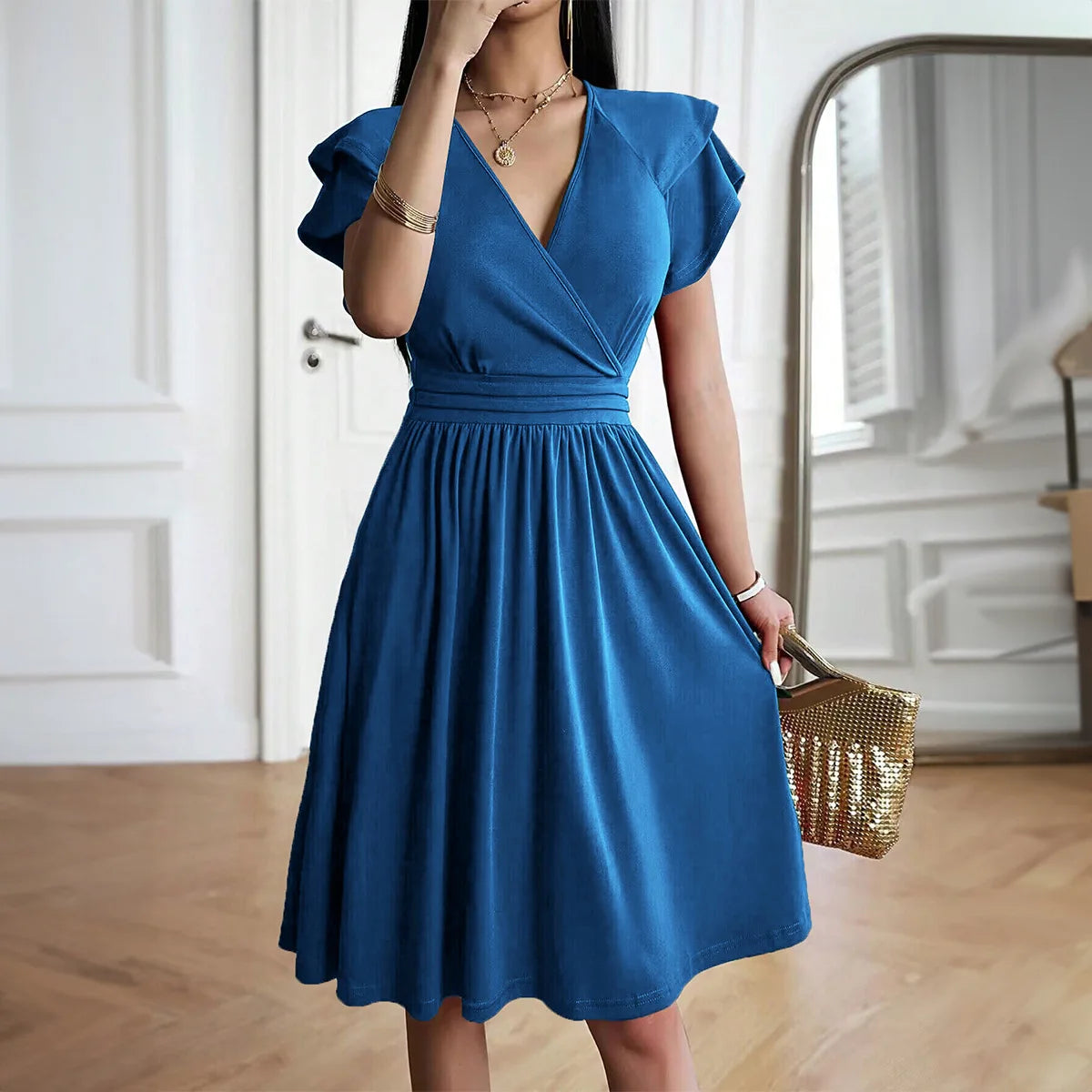 Women Elegant V-Neck Petal Sleeve Dress