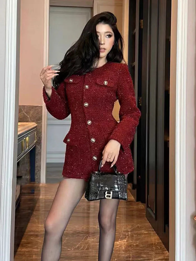 New 2025 Autumn Winter French Fashion High-end Retro Burgundy Dress Women's Long-sleeved