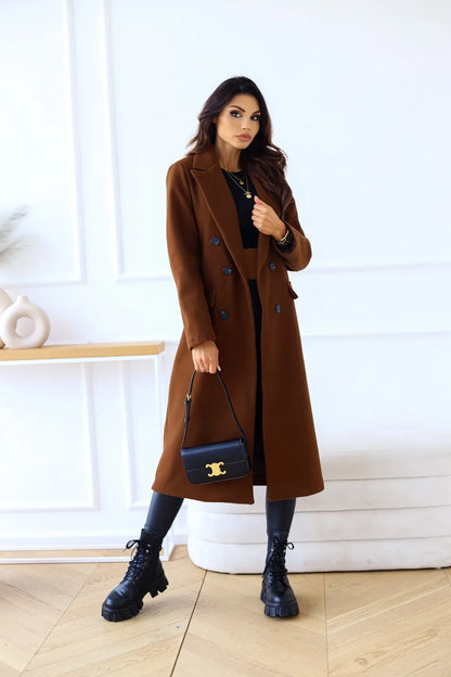 Women's Clothing  Autumn and Winter Simple Double-breasted Long-sleeved Lapel Button Woolen Jacket