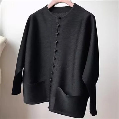 Woman Clothing T-shirt Bat Sleeves Loose and Pleated Small Jacket Women's Single-breasted Pocket Design Pleated Semi-Turtleneck