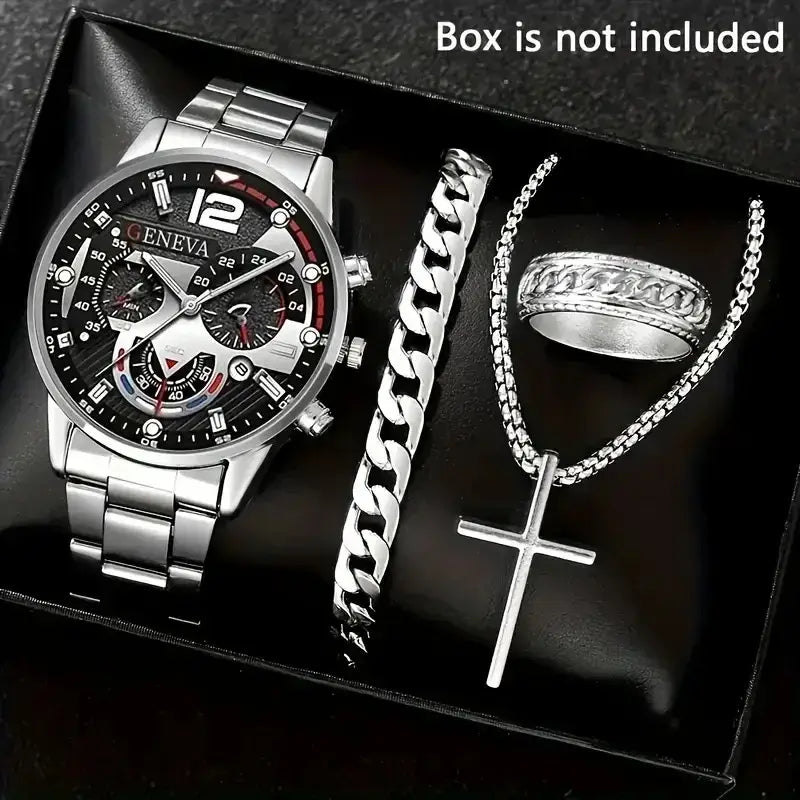 Luxury gold men's wristwatch with black dial and chronograph features, stylish analog design.