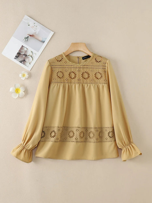 ZANZEA Vacation Causal Blouses 2025 Spring Women Openwork Lace Patchwork Elegant Blusas Mujer Bohemian Long Sleeve Smock Tops