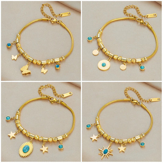 DIEYURO 316 Stainless Steel Butterfly Lightning Green Stone Charm Bracelet For Women