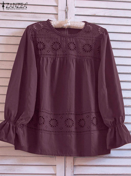 ZANZEA Vacation Causal Blouses 2025 Spring Women Openwork Lace Patchwork Elegant Blusas Mujer Bohemian Long Sleeve Smock Tops