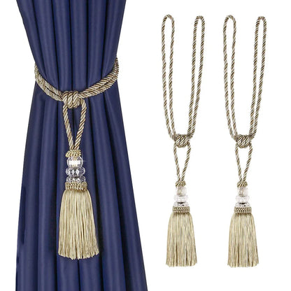 2Pcs Curtain Tieback Tassel Crystal Beaded Hanging Rope Tie Home Decor Gold Curtains Cord Holder