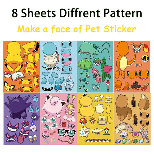 8/16sheets Pokemon Anime Pikachu Gengar Puzzle Stickers Make A Face Children Cartoon