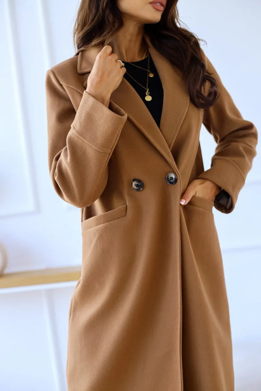 Women's Clothing  Autumn and Winter Simple Double-breasted Long-sleeved Lapel Button Woolen Jacket