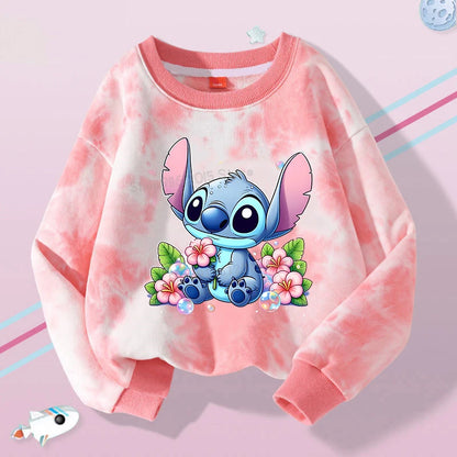 Lilo Stitch Tie-dyed Sweatshirt for Girl Purple Pullover Crew Neck Child Sportwear Long Sleeve