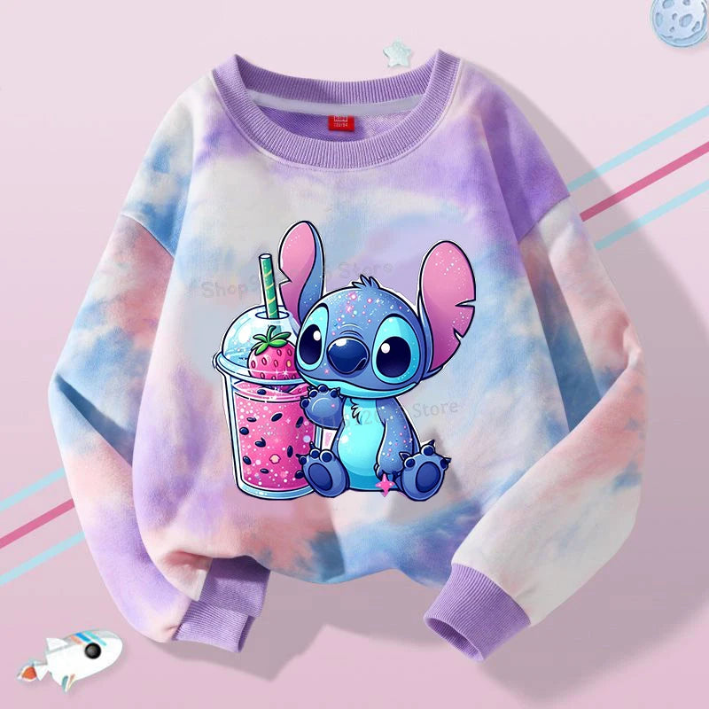 Lilo Stitch Tie-dyed Sweatshirt for Girl Purple Pullover Crew Neck Child Sportwear Long Sleeve Cute Cartoon Kids Autumn Clothes