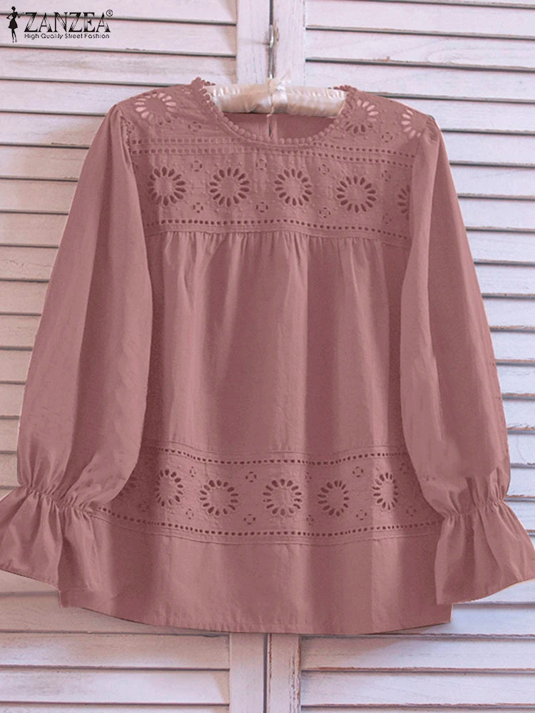 ZANZEA Vacation Causal Blouses 2025 Spring Women Openwork Lace Patchwork Elegant Blusas Mujer Bohemian Long Sleeve Smock Tops