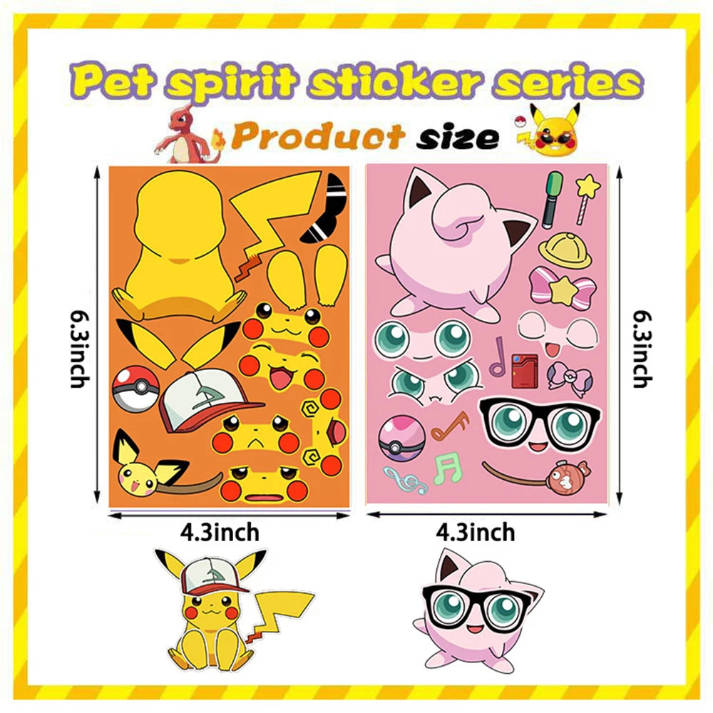 8/16sheets Pokemon Anime Pikachu Gengar Puzzle Stickers Make A Face Children Cartoon