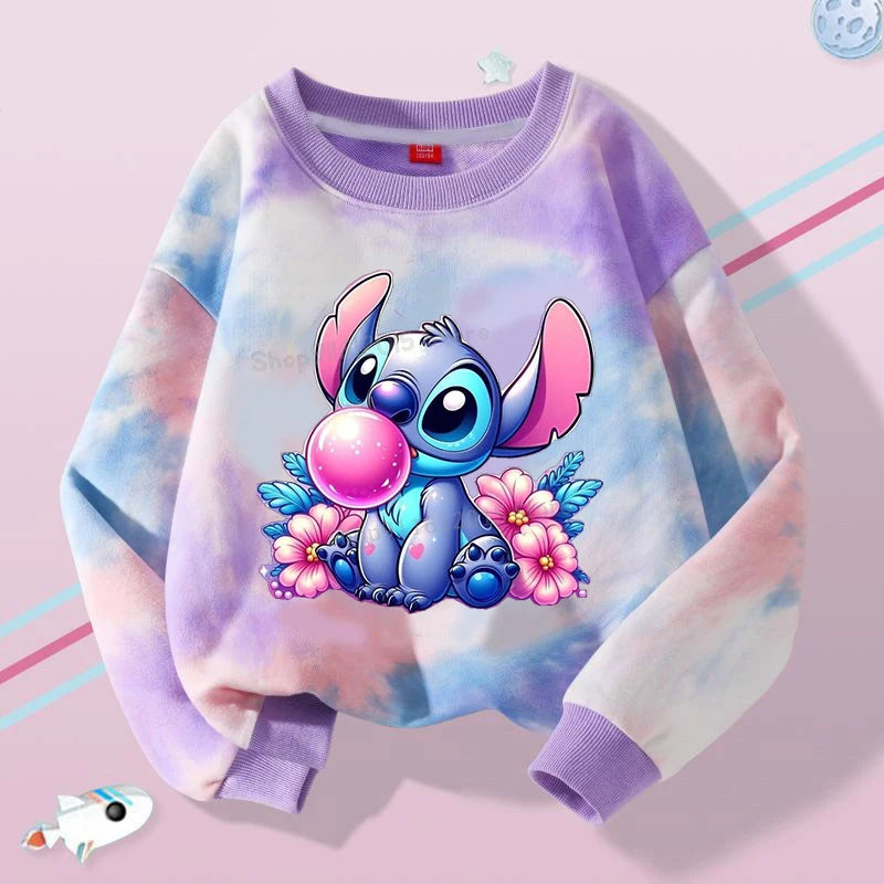 Lilo Stitch Tie-dyed Sweatshirt for Girl Purple Pullover Crew Neck Child Sportwear Long Sleeve Cute Cartoon Kids Autumn Clothes