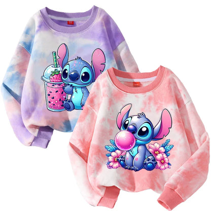 Lilo Stitch Tie-dyed Sweatshirt for Girl Purple Pullover Crew Neck Child Sportwear Long Sleeve Cute Cartoon Kids Autumn Clothes