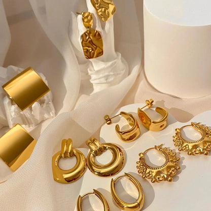 CARLIDANA Stainless Steel Chunky Texture Hoop Earrings Jewelry for Women Gold Plated