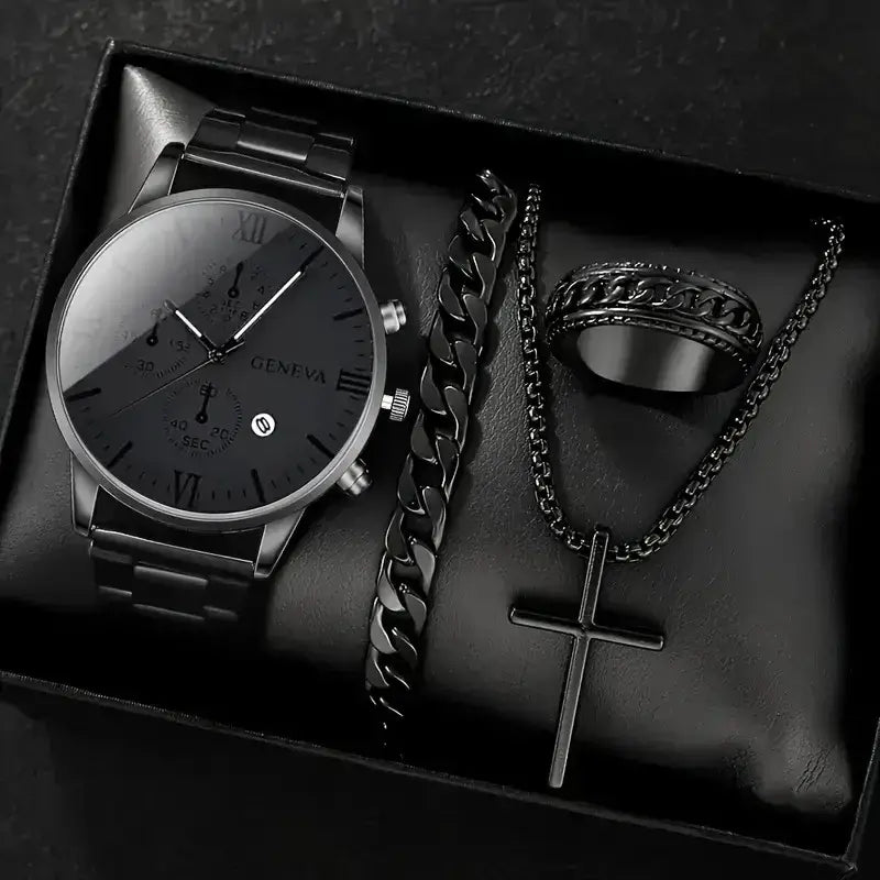 Luxury gold men's wristwatch with black dial and chronograph features, stylish analog design.