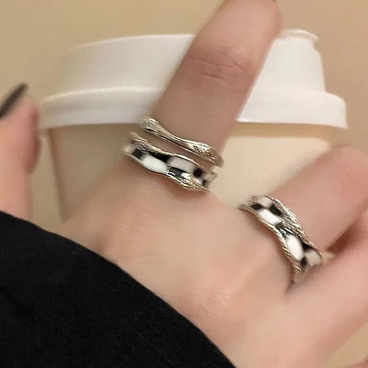 Vintage Irregular Checkerboard Open Ring for Women Contrast Color Enamel Drop Glaze