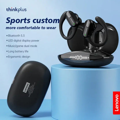 Lenovo XT80 Sports Wireless Earphones with LED display and charging case, featuring Bluetooth 5.3 and ergonomic design.